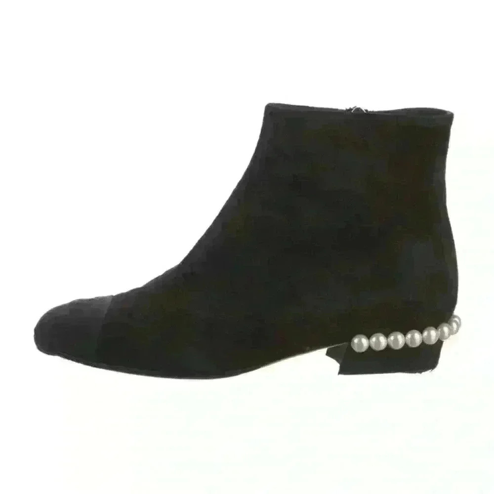 Chanel Pearl Heel Suede Ankle Boots – Black Cap Toe, Iconic Parisian Luxury